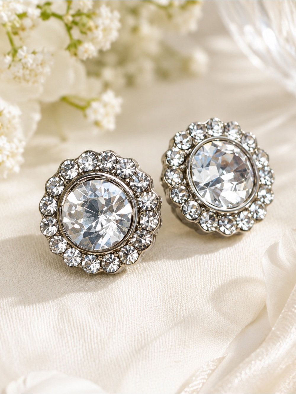Crystal Halo Stud Earrings Silver Tone Bridal Wedding Rhinestone Statement